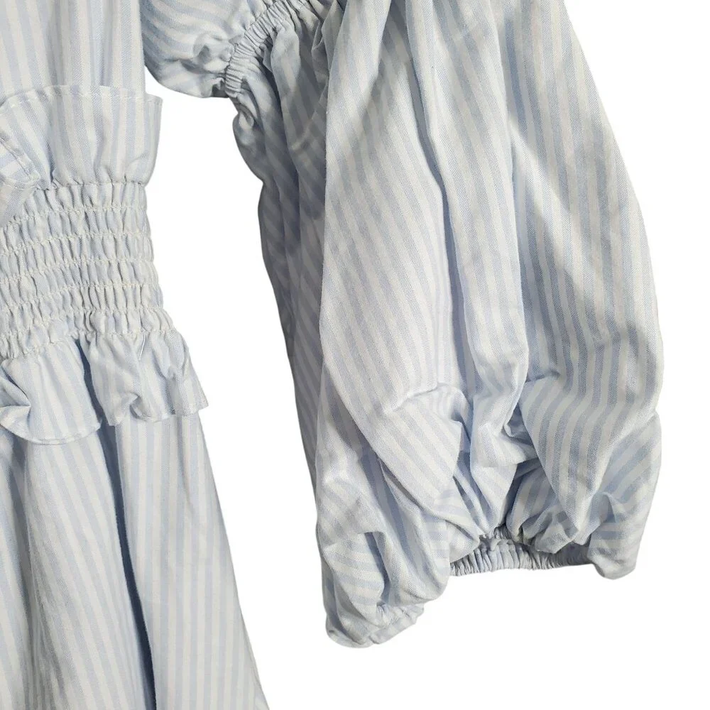 Gianni Bini Size L Dress Off Shoulder Puff Sleeve Coastal Stripe Country Cottage - Picture 11 of 12